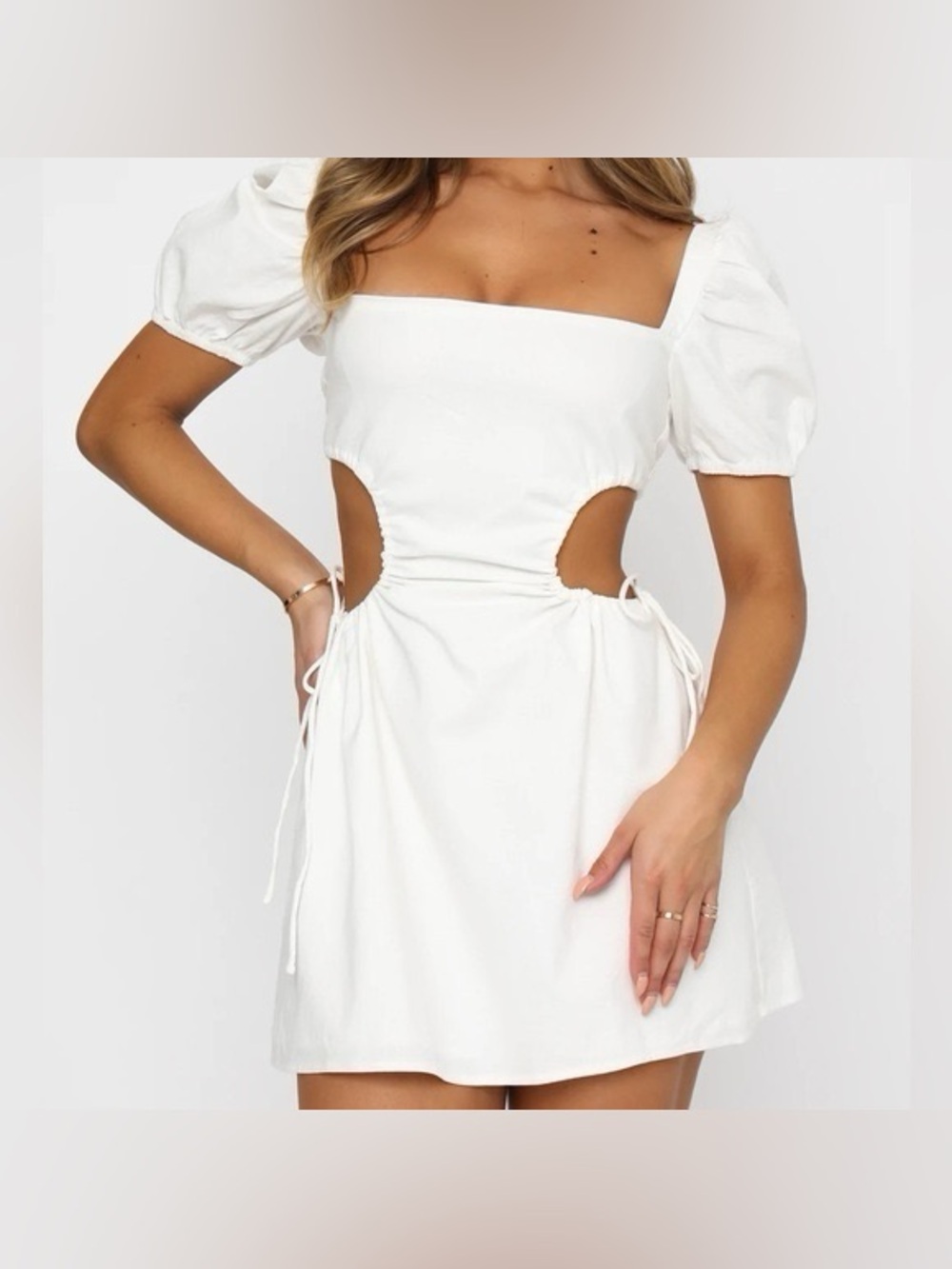 White Fox Boutique White Cutout Tie-Side Puff Sleeve Mini Dress – Size Small